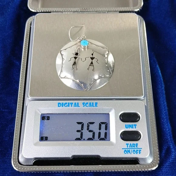 Native American Hook Earrings Sterling Silver Cut Out Figures and Turquoise - Picture 5 of 12